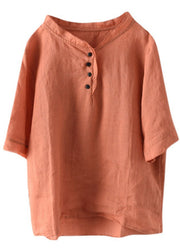 Bohemian Orange V Neck Button Cotton Shirt Half Sleeve