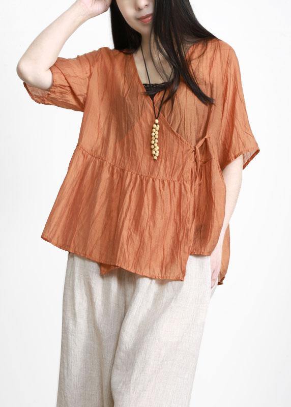 Bohemian Orange V Neck Patchwork Linen Top - SooLinen