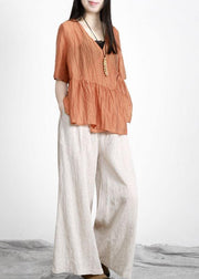 Bohemian Orange V Neck Patchwork Linen Top - SooLinen