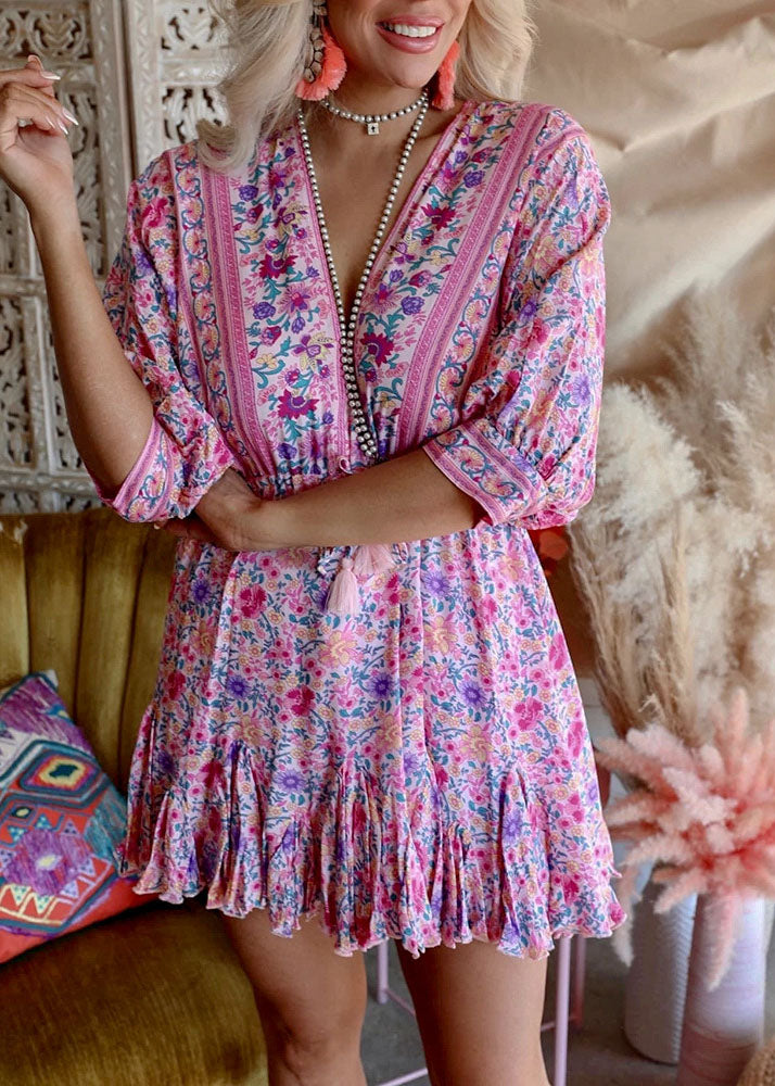 Bohemian Pink Asymmetrical Design Print Backless Outfit Mid Dress Half Sleeve