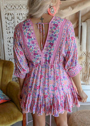 Bohemian Pink Asymmetrical Design Print Backless Outfit Mid Dress Half Sleeve