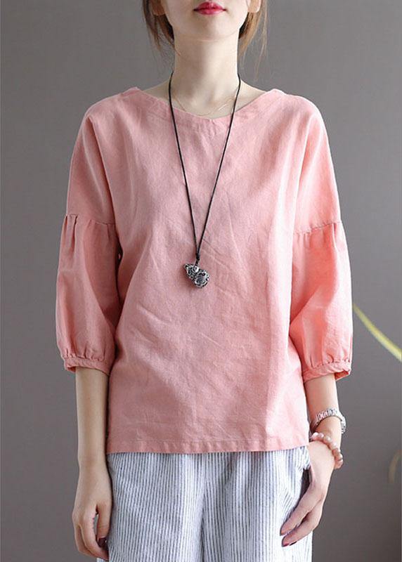 Bohemian Pink O-Neck Patchwork Fall Blouses Three Quarter Sleeve - SooLinen