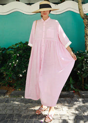 Bohemian Pink Peter Pan Collar Striped Button Pockets Wrinkled Long Dresses Half Sleeve