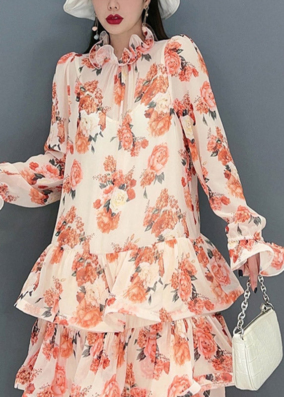 Bohemian Pink Ruffled Print Layered Chiffon Long Dresses Long Sleeve