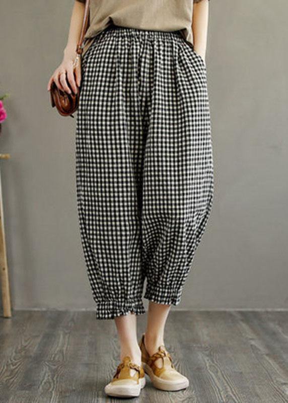 Bohemian Plaid Elastic Waist Pockets Harem Pants Linen - SooLinen