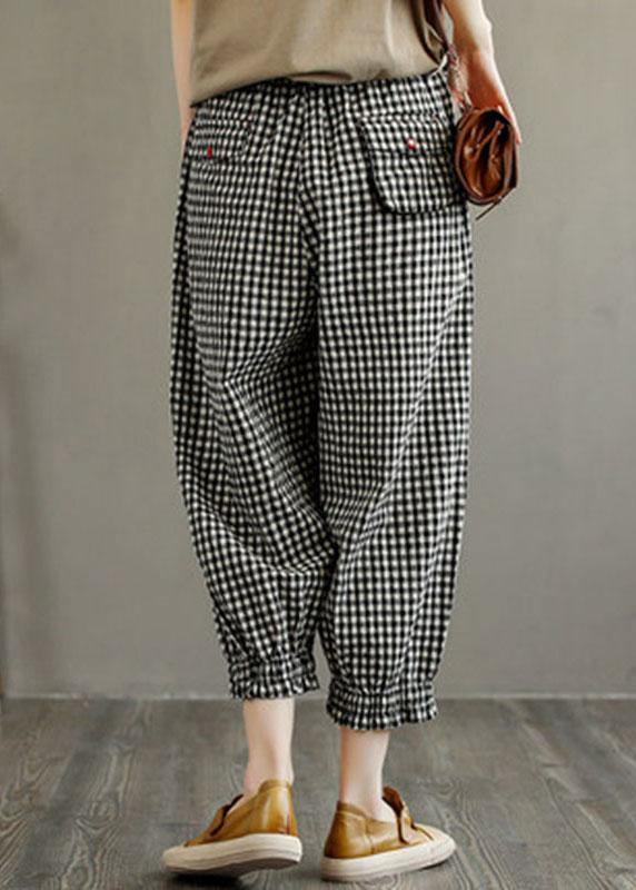 Bohemian Plaid Elastic Waist Pockets Harem Pants Linen - SooLinen