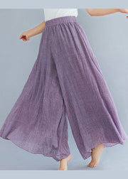 Bohemian Purple Elastic Waist Linen Wide Leg Pants Summer