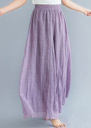 Bohemian Purple Elastic Waist Linen Wide Leg Pants Summer