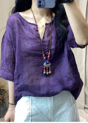 Bohemian Lila V-Ausschnitt Patchwork Leinen Tops Kurzarm