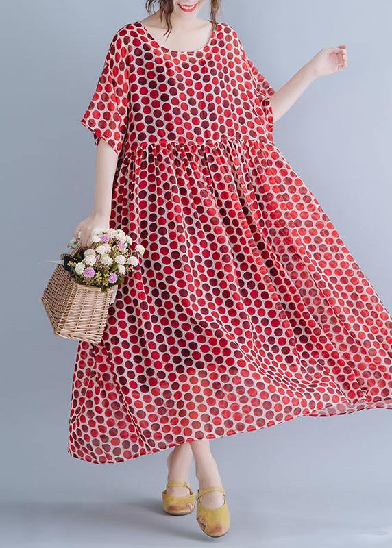 Bohemian Red Dotted O Neck Cinched Long Summer Dresses - SooLinen