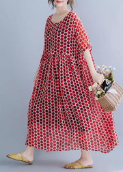 Bohemian Red Dotted O Neck Cinched Long Summer Dresses - SooLinen