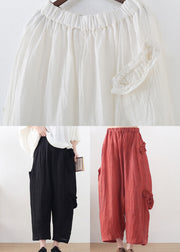 Bohemian Red Elastic Waist Pockets Linen Harem Pants Summer