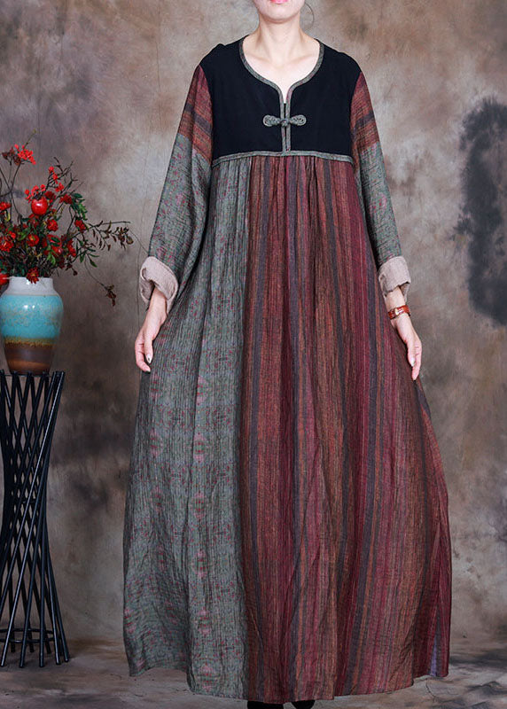 Bohemian Red Green retro Patchwork Print Fall Long sleeve Long Dresses