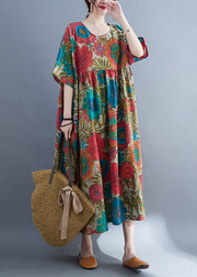 Bohemian Red O-Neck Cinched Print Linen Long Dress Short Sleeve