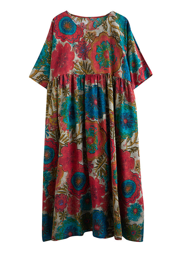 Bohemian Red O-Neck Cinched Print Leinen Langes Kleid Kurzarm