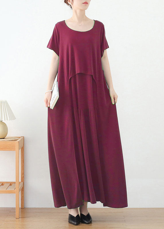 Bohemian Red O-Neck Extra Large Saum Langes Kleid Kurzarm