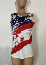 Bohemian Red O-Neck Flag Print Cotton Tank Top Sleeveless