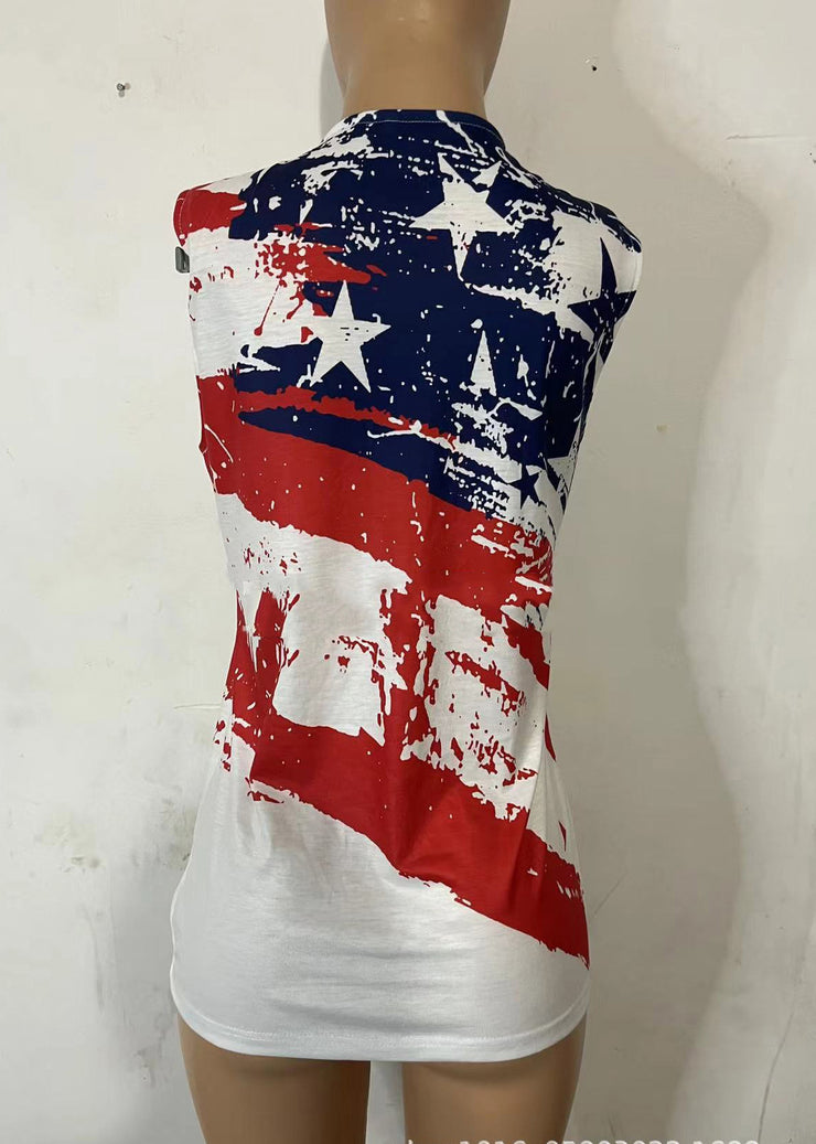 Bohemian Red O-Neck Flag Print Cotton Tank Top Sleeveless