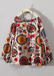 Bohemian Red O-Neck Print Cotton Top Long Sleeve