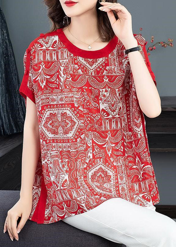 Bohemian Red O-Neck Print Draping Chiffon Tank Tops Short Sleeve