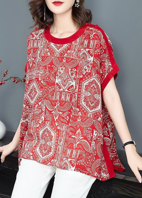 Bohemian Red O-Neck Print Drapierende Chiffon-Tanktops mit kurzen Ärmeln