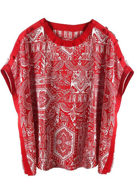 Bohemian Red O-Neck Print Drapierende Chiffon-Tanktops mit kurzen Ärmeln