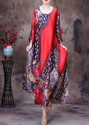 Bohemian Red O-Neck Print Side Open Silk Long Dress Short Sleeve