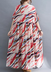 Bohemian Red O-Neck Print wrinkled Long Dress Short Sleeve