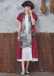 Bohemian Red Patchwork Scarf Collar Cotton Cardigans Short Sleeve