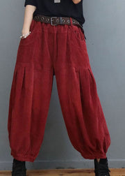 Bohemian Red Pockets wrinkled Corduroy lantern Pants Winter