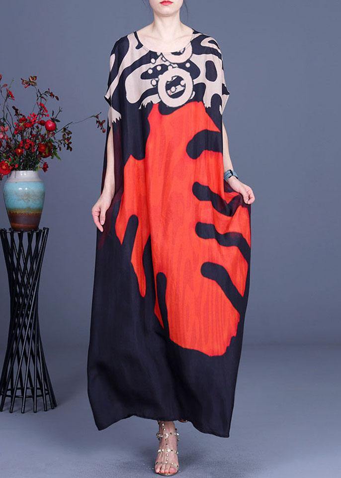 Bohemian Red Print O-Neck Silk Summer Maxi Dresses - SooLinen