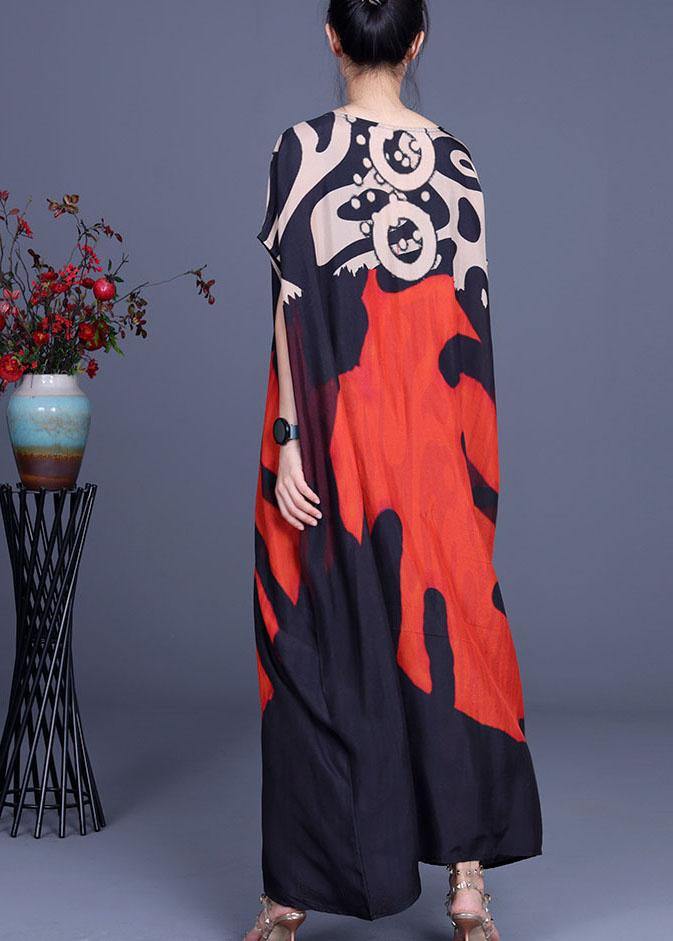 Bohemian Red Print O-Neck Silk Summer Maxi Dresses - SooLinen