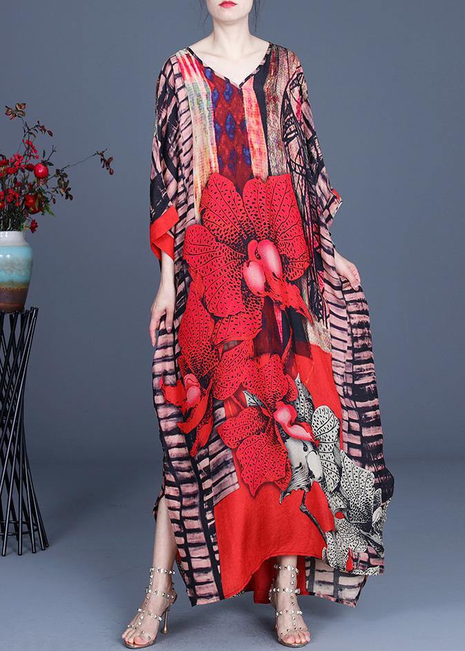 Bohemian Red Print side open Maxi Summer Chiffon Dress - SooLinen