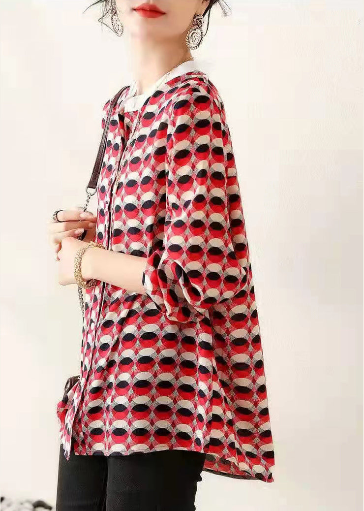 Bohemian Red Stand Collar Print Chiffon Shirt Top Long Sleeve