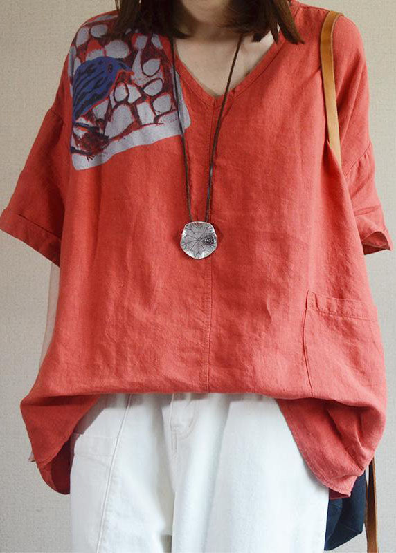 Bohemian Red V Neck Loose Pockets Fall Shirt Tops Half Sleeve