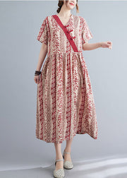 Bohemian Red V Neck Print Button Long Dress Short Sleeve