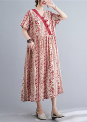 Bohemian Red V Neck Print Button Long Dress Short Sleeve