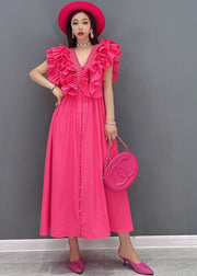 Bohemian Red V Neck Ruffles Cotton Long Dresses Vestidos Sleeveless