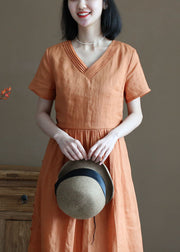 Bohemian Solid Orange V Neck Wrinkled Linen Cinch Dress Short Sleeve