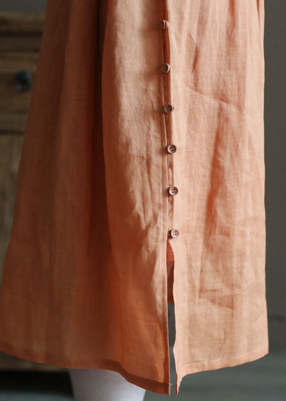 Bohemian Solid Orange V Neck Wrinkled Linen Cinch Dress Short Sleeve