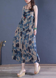 Bohemian Spaghetti Strap Cinched cotton dresses Runway blue print A Line Dress - SooLinen