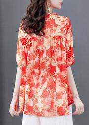 Bohemian Watermelon Red O-Neck wrinkled Asymmetrical Print Chiffon Tops Short Sleeve