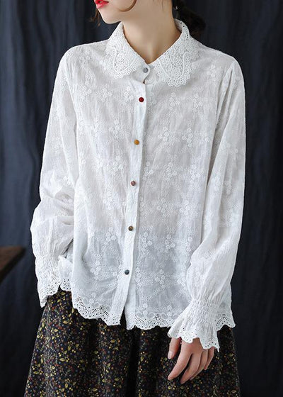 Bohemian White Embroidery Clothes For Women Lapel Plus Size Clothing Spring Shirts - SooLinen