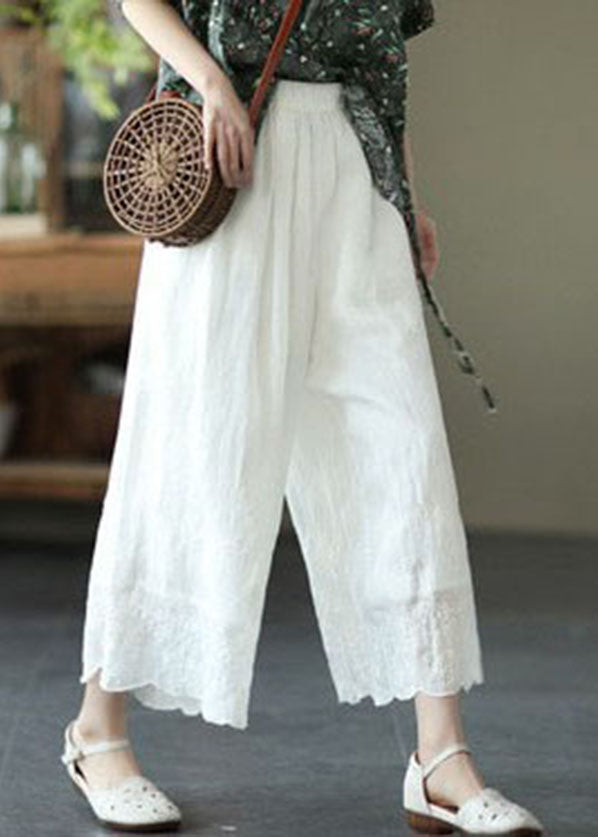 Bohemian White High Waist Solid Linen Wide Leg Pants Summer