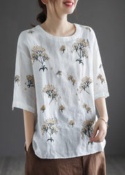 Bohemian White O-Neck Embroideried Floral Summer Linen Tops Half Sleeve - SooLinen