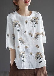 Bohemian White O-Neck Embroideried Floral Summer Linen Tops Half Sleeve - SooLinen