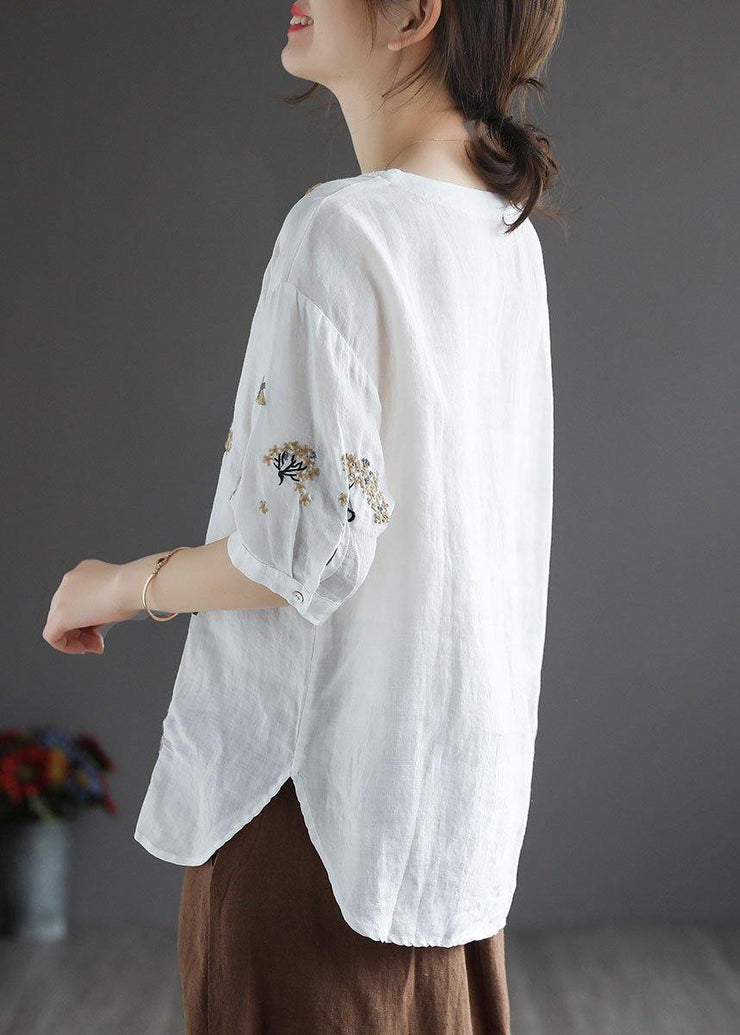 Bohemian White O-Neck Embroideried Floral Summer Linen Tops Half Sleeve - SooLinen