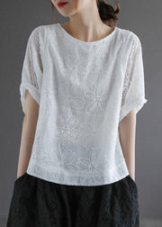 Bohemian White O-Neck Hollow Out Summer Retro Half Sleeve Top - SooLinen