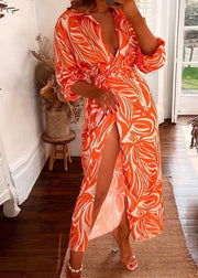 Bohemian White Orange Asymmetrical Tie Waist Maxi Dresses Long Sleeve