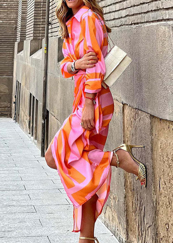 Bohemian White Orange Asymmetrical Tie Waist Maxi Dresses Long Sleeve